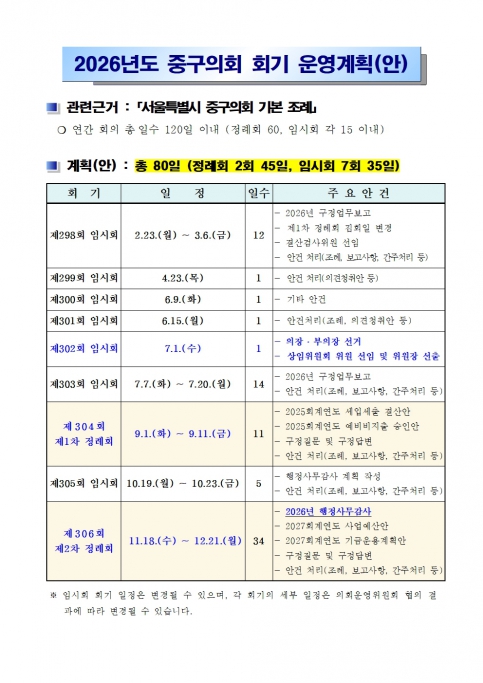 2026년 중구의회 연간 회기 운영계획(안) 이미지(4)
