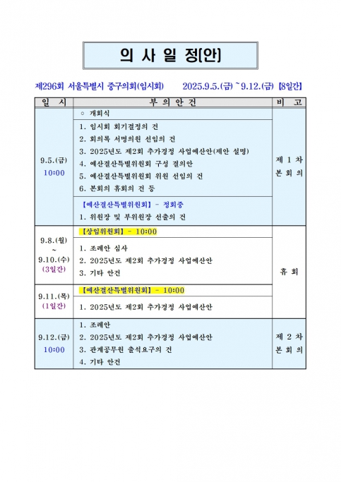 제296회 중구의회 임시회 의사일정(안) 이미지(1)